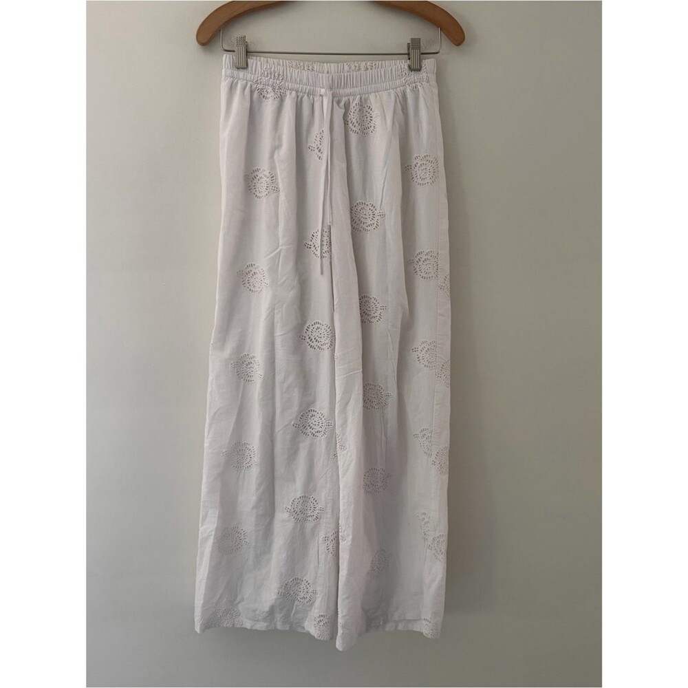 Eyelet Pants Wide Leg White Cotton Size XS Beachy Coastal Cottage